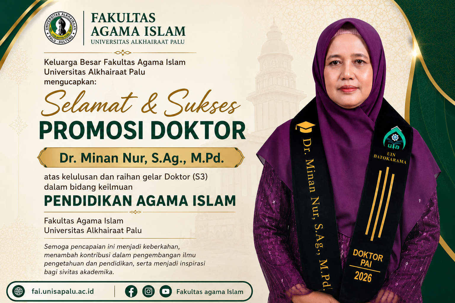 Dosen Fakultas Agama Islam Universitas Alkhairaat Palu Raih Gelar Doktor Pendidikan Agama Islam
